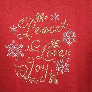 Christmas Novelty Knit Top SJS M Holiday Chic Peace Love Joy Red Bling Sparkle